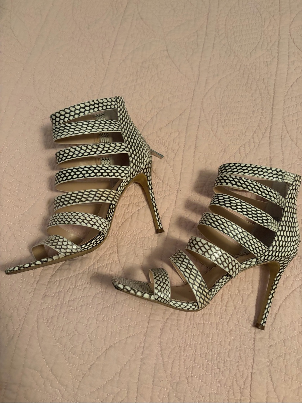 Charles David Black and White Strappy Cage Heels